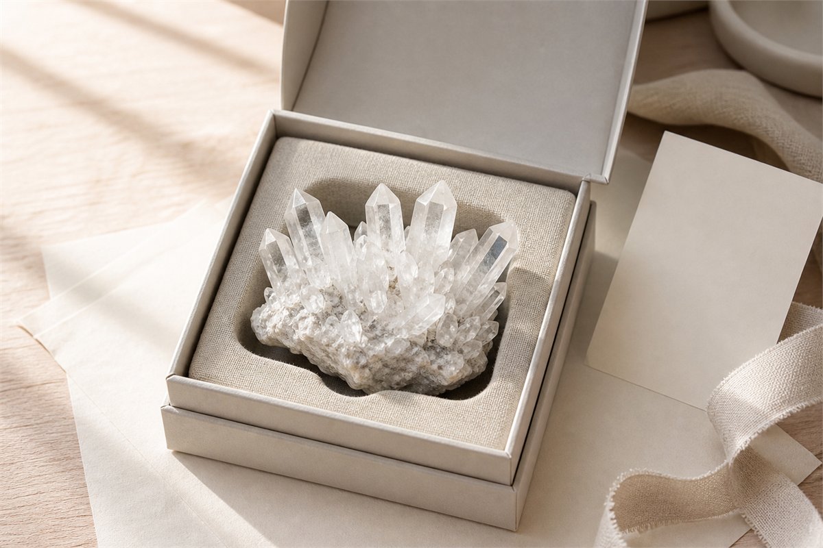 Palm-sized quartz cluster presented in an open rigid gift box with a shaped soft insert