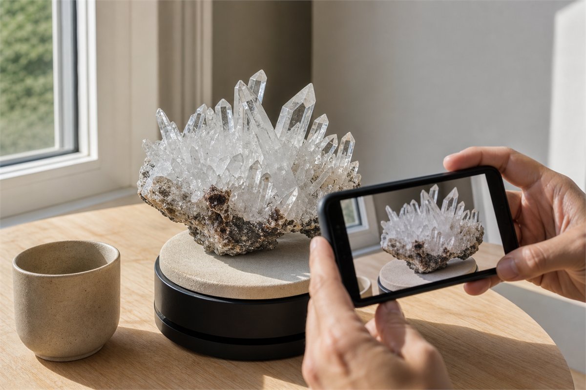 Person recording a natural-light phone video of a quartz cluster on a padded rotating platform