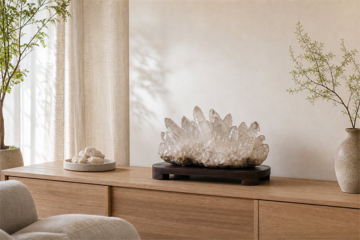 Large quartz cluster centered on a broad low stand set well back from a sturdy cabinet edge