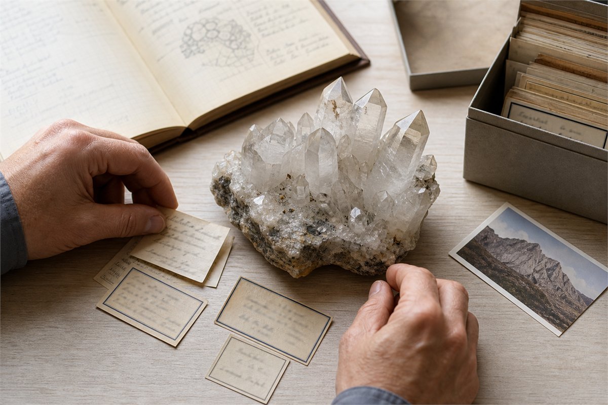 Collector documenting a quartz cluster beside archival labels, field notes, and a locality photograph
