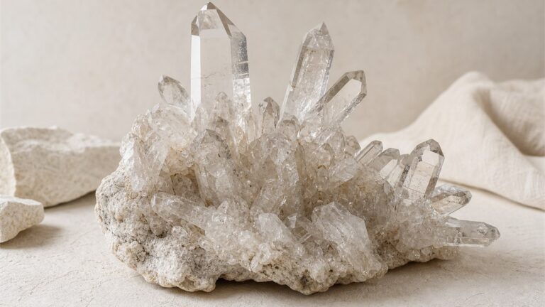 Natural clear quartz crystal cluster with varied points growing on pale stone matrix