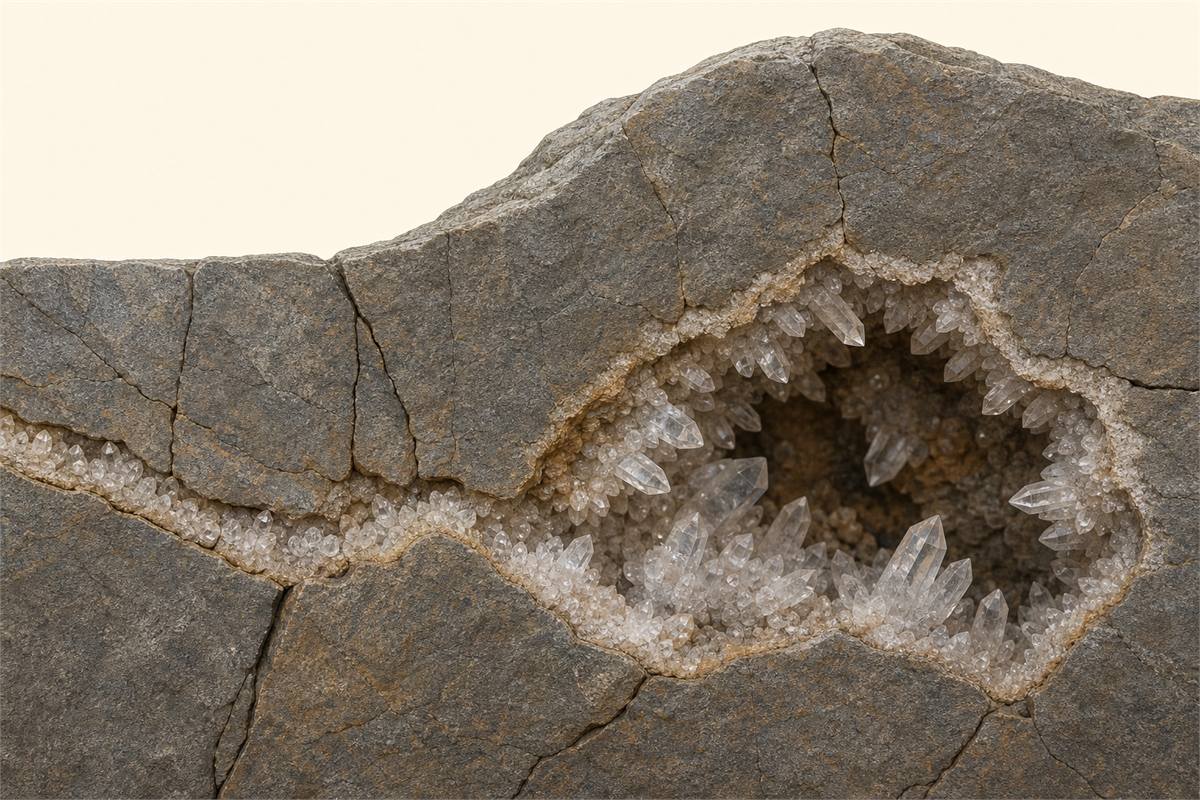 Rock fracture and cavity lined with quartz crystals growing inward from the walls