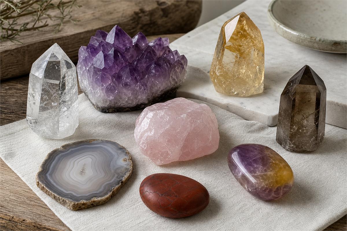 Rock crystal, amethyst, citrine, smoky quartz, rose quartz, ametrine, agate, and jasper samples in natural light