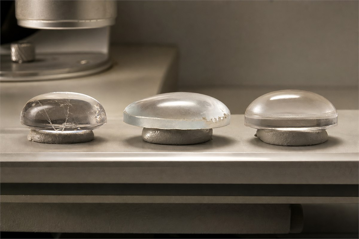 Side views of quartz cabochons showing a filled fracture, a worn surface coating, and a doublet join plane