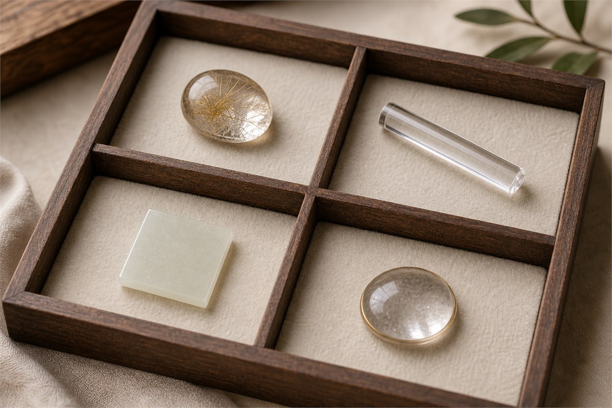 Natural rutilated quartz cabochon, clear fused-quartz glass rod, microcrystalline glass tile, and coated quartz sample in separate compartments