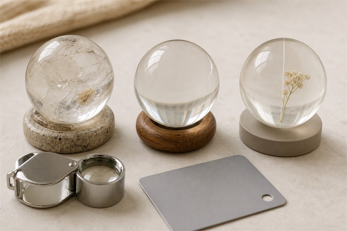 Natural quartz sphere with veils, clear optical glass sphere, and cast resin sphere with subtle mold seam shown side by side