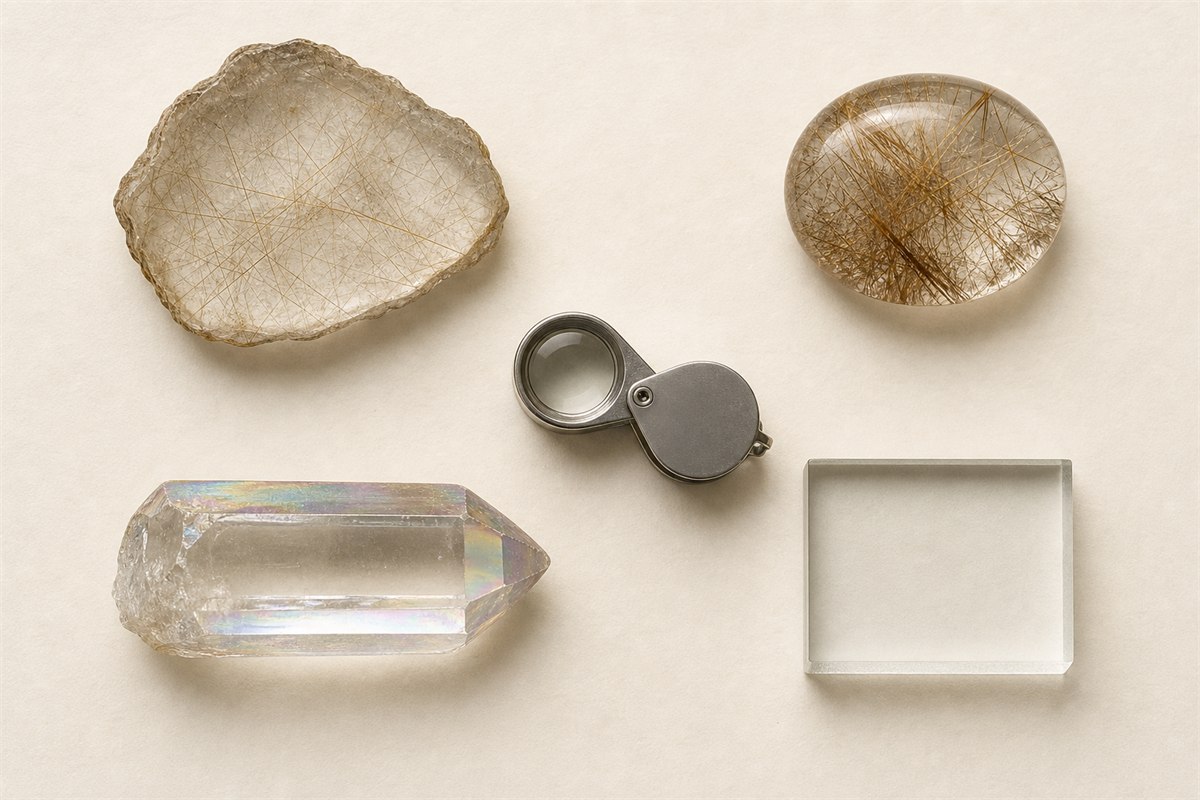 Fine and coarse rutilated quartz, surface-coated quartz, and a clear optical glass coupon arranged around a loupe