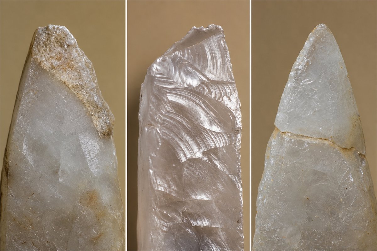 Macro comparison of a mineralized quartz contact, a fresh chip, and a point with an adhesive repair line