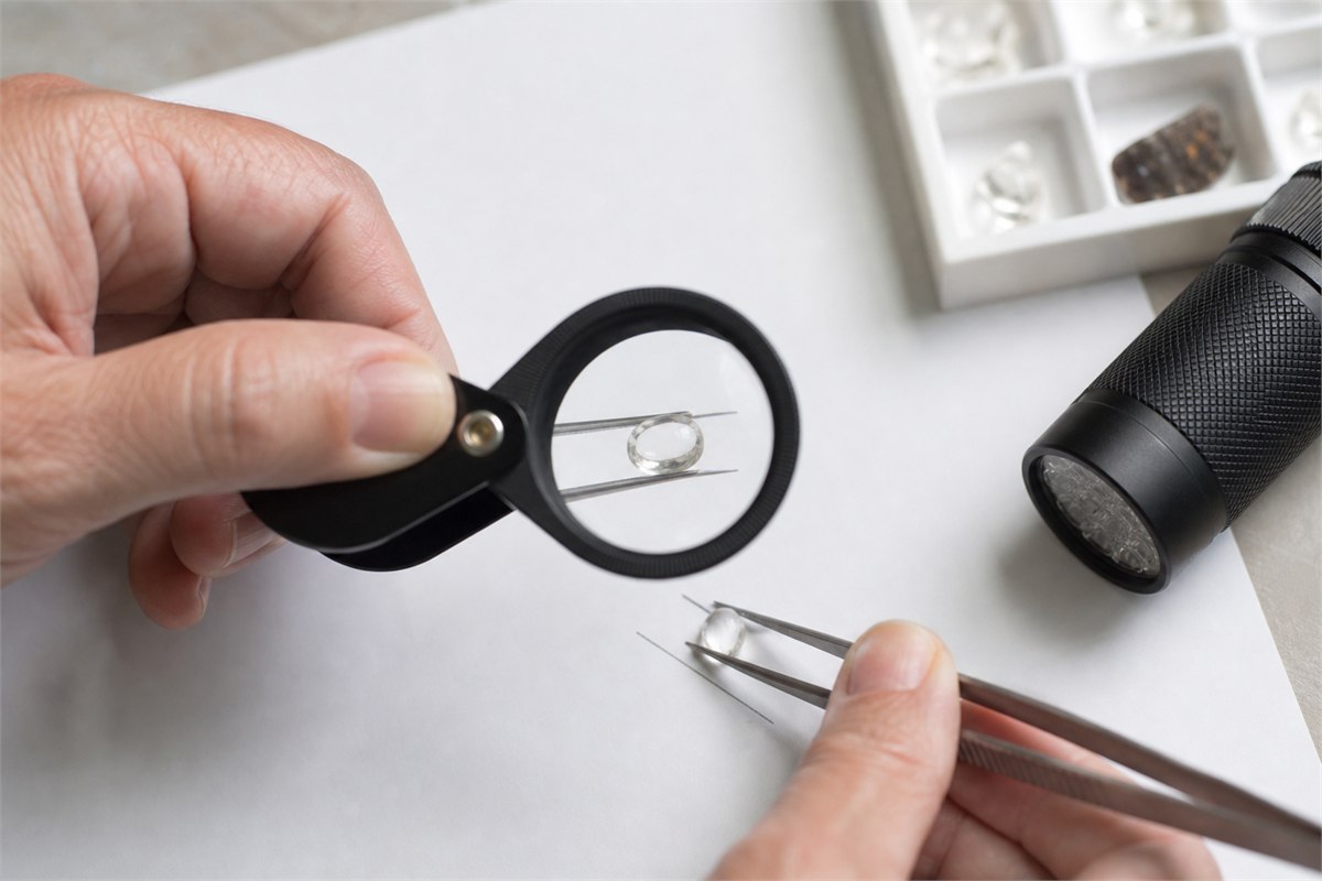 Gemologist examining transparent quartz over fine lines with a loupe while a 365 nm UV lamp rests nearby