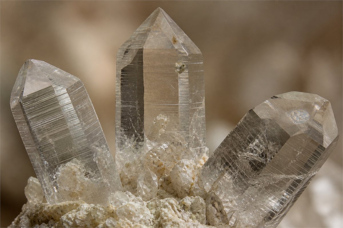 Macro view of natural quartz prisms with growth striations and rhombohedral termination faces