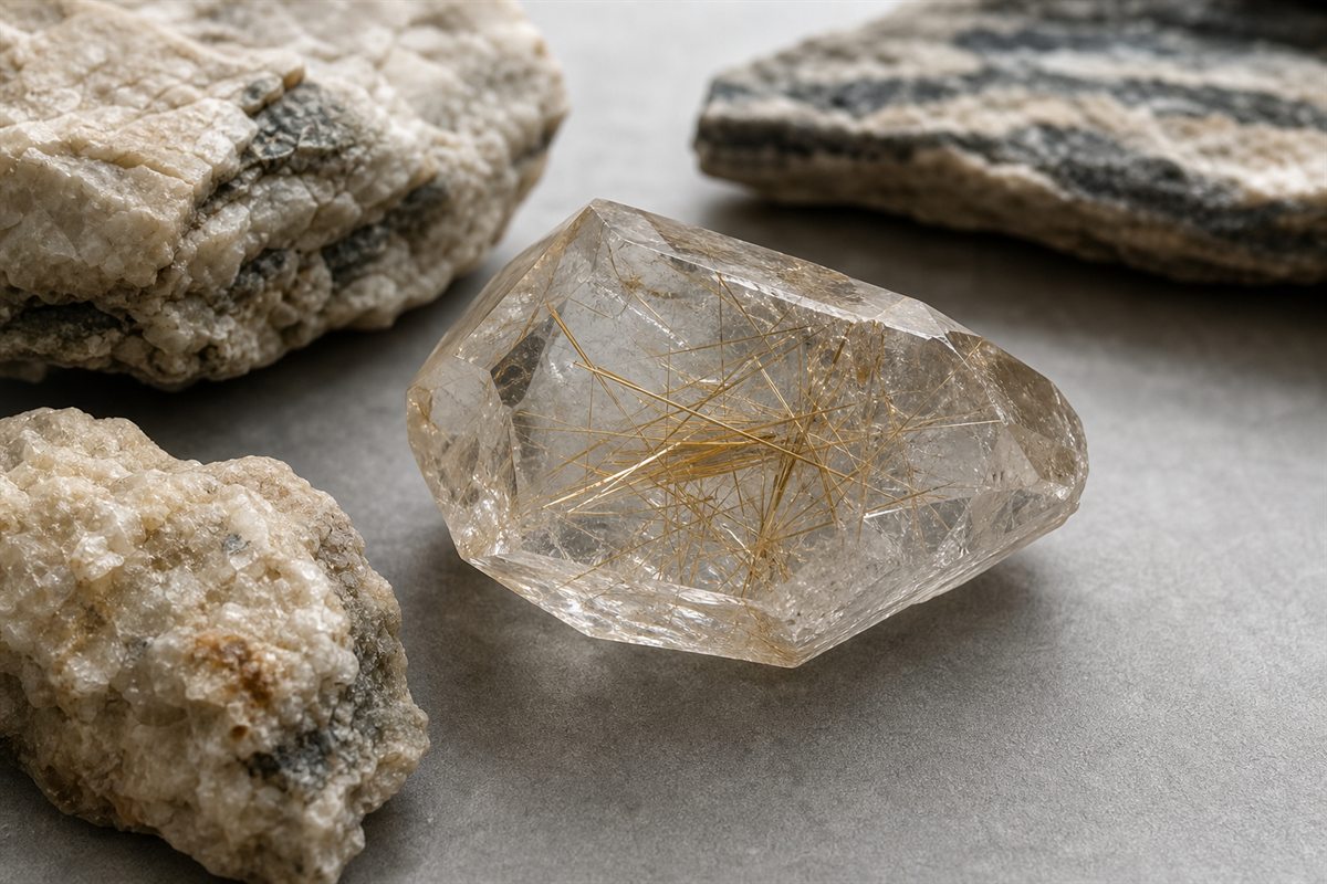 Natural rutilated quartz crystal specimen resting beside pale host rock in soft daylight
