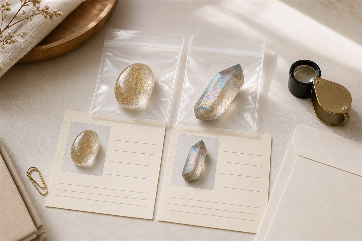 Rutilated quartz cabochon and coated quartz point in separate pouches with blank object-specific information cards