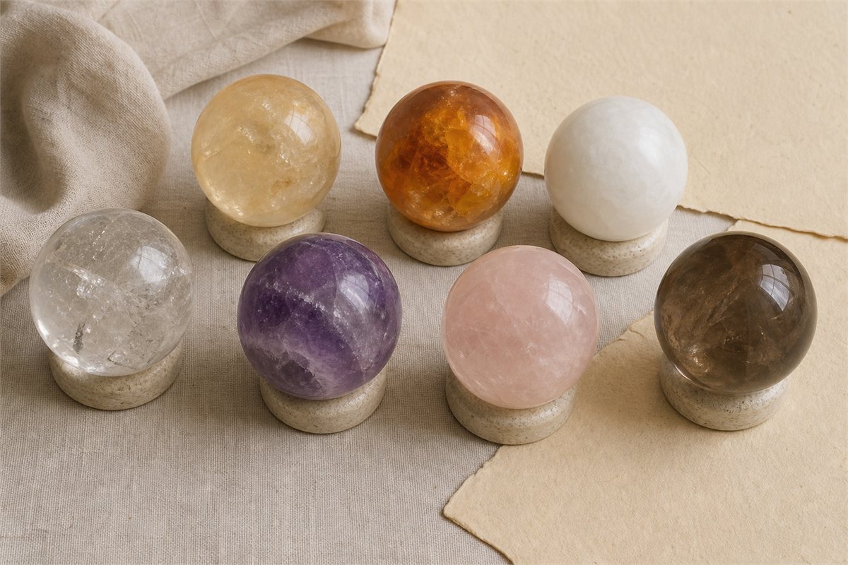 Clear quartz, amethyst, smoky quartz, rose quartz, and pale yellow quartz spheres showing realistic color and inclusions