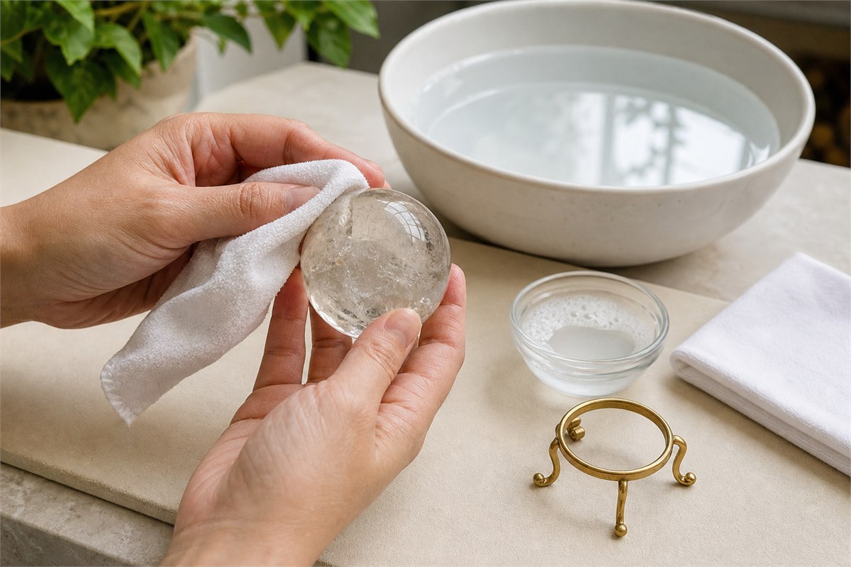 Hands washing a confirmed plain quartz sphere with a small amount of mild soap and room-temperature water over a padded basin