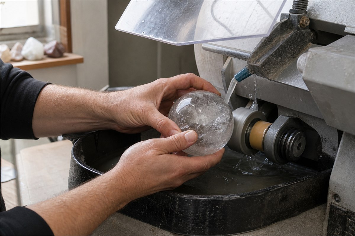 Lapidary hands polishing a quartz sphere with wet abrasive equipment in a clean workshop