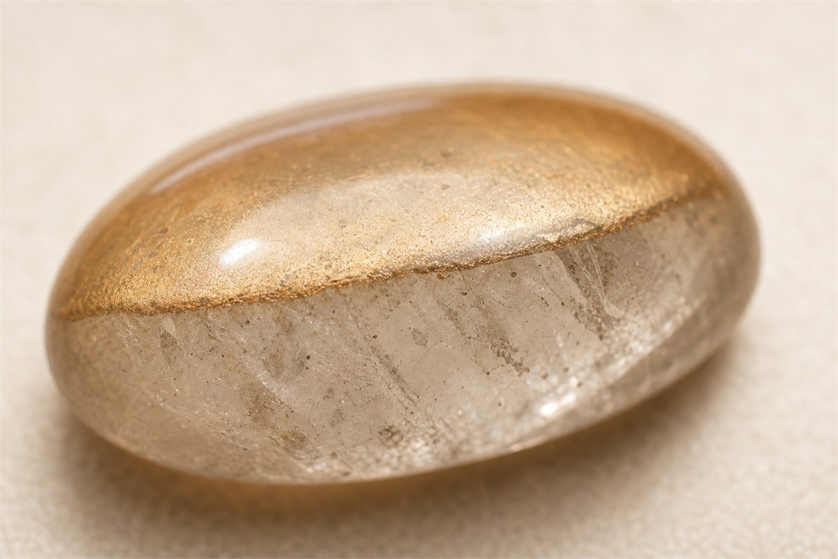 Coated quartz cabochon under side light with surface-confined color and slight wear along a polished edge