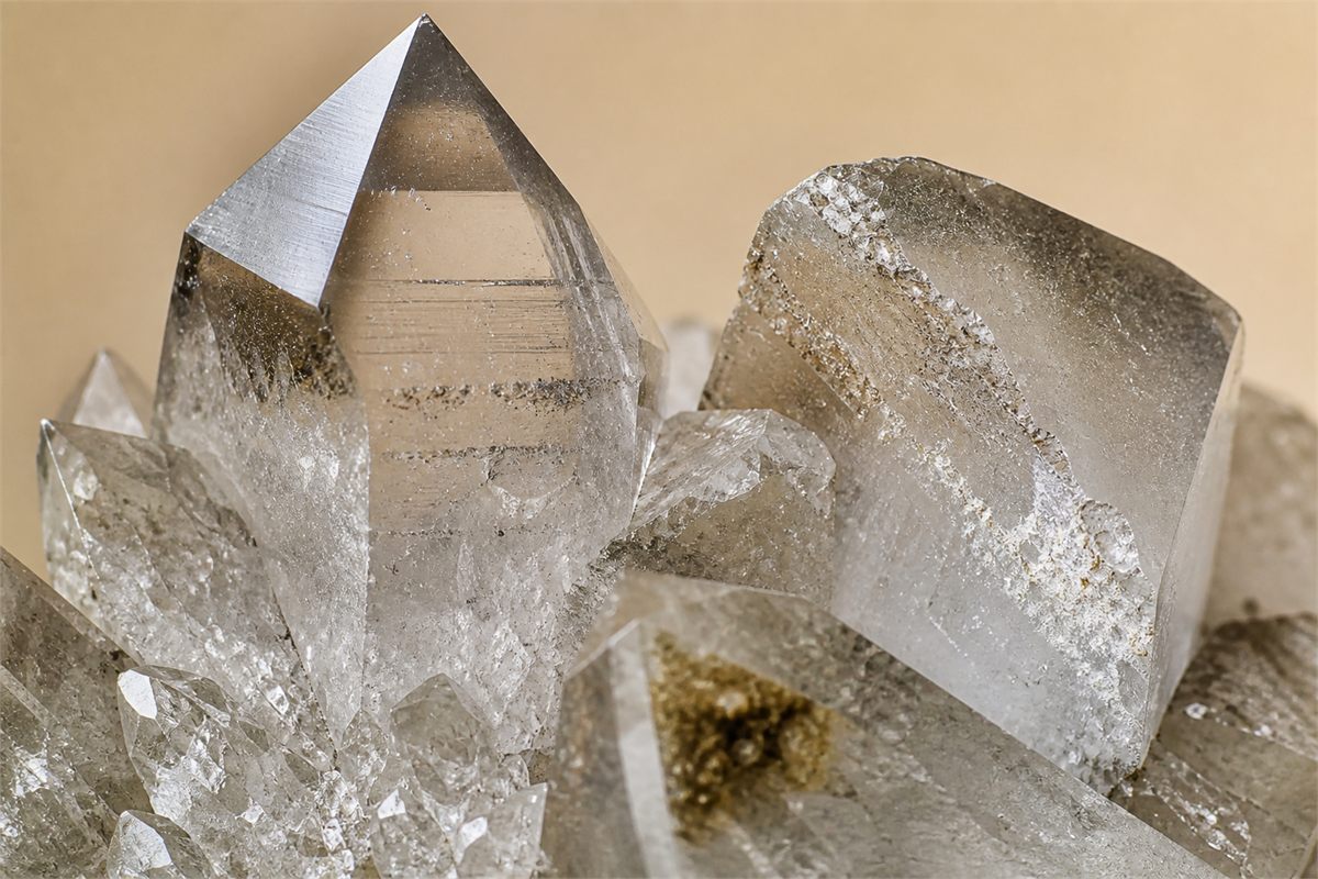 Quartz crystal detail with an intact termination, natural contact surface, striations, and mineralized regrowth