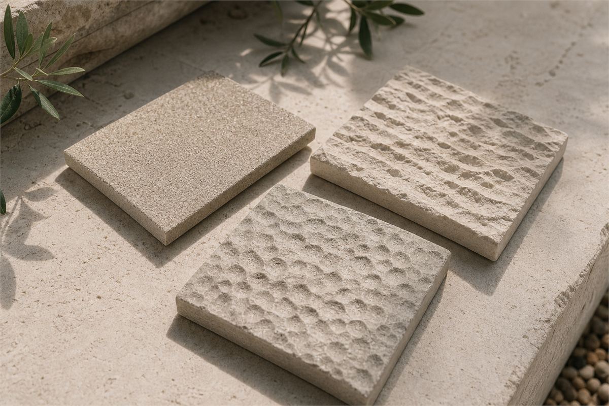 Outdoor quartz tile samples showing fine dry-grain texture, linear axe-chiseled relief, and rounded horseshoe texture