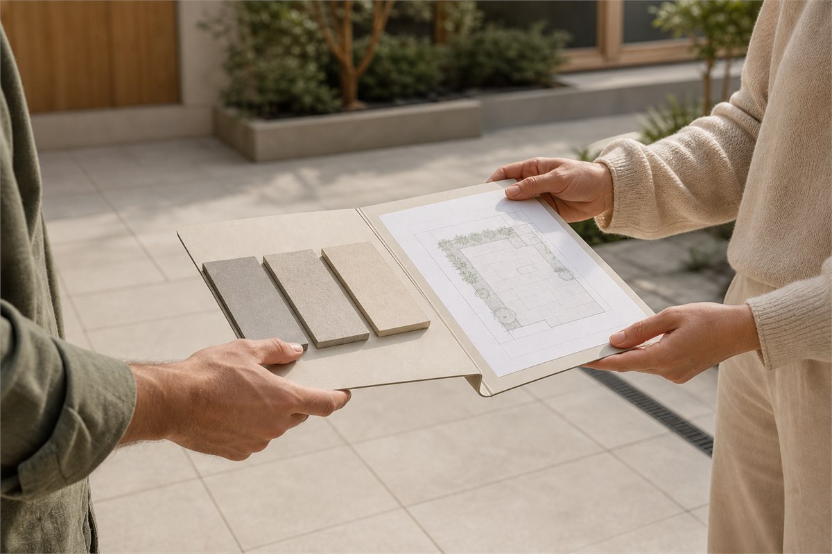 Homeowners reviewing opaque outdoor quartz tile samples and a blank courtyard plan during a housewarming renovation