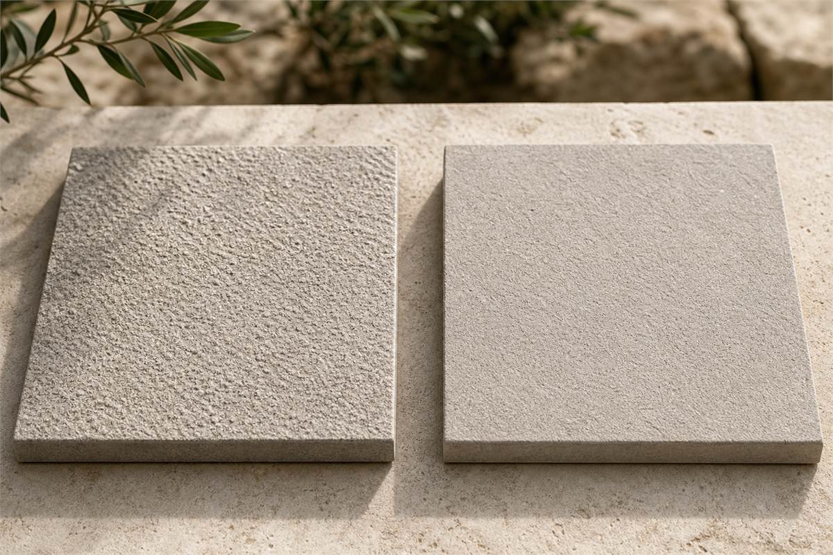 Close view of deeply granular litchi-textured tile beside a drier flamed matte outdoor quartz tile sample