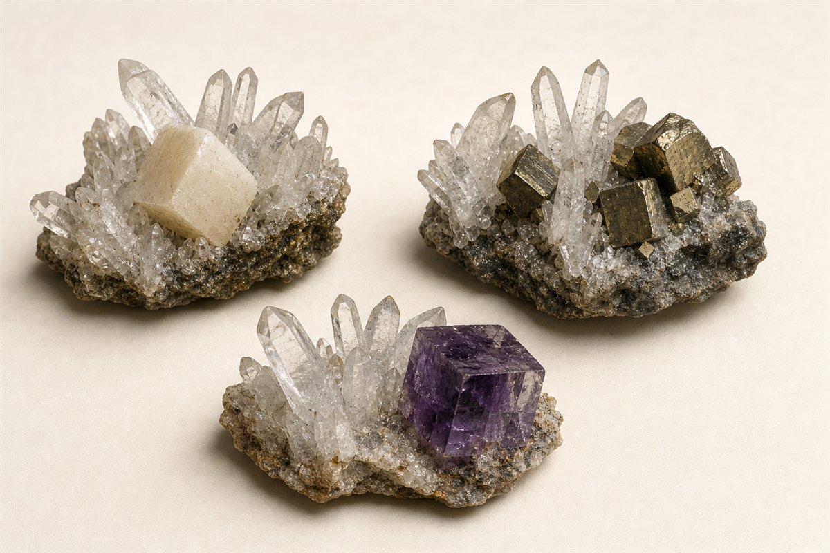 Quartz specimens associated with pale calcite, cubic pyrite, and purple fluorite