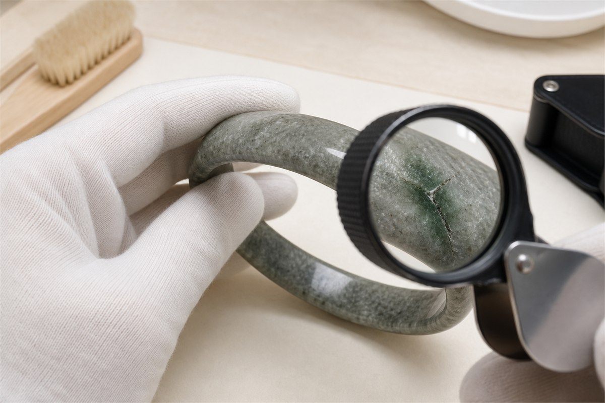 Gloved hand examining a gray-green quartzite bangle fracture and concentrated color through a loupe