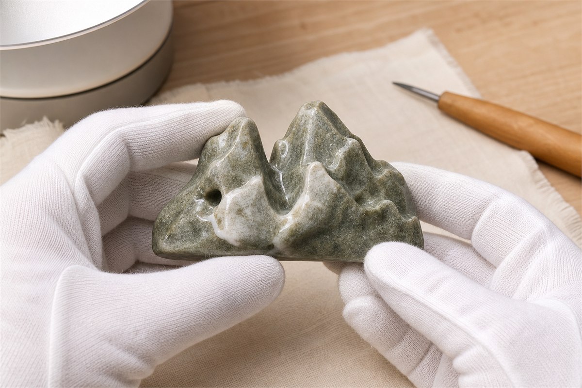 Gloved hands examining the polished edges and color zones of a small gray-green quartzite mountain carving