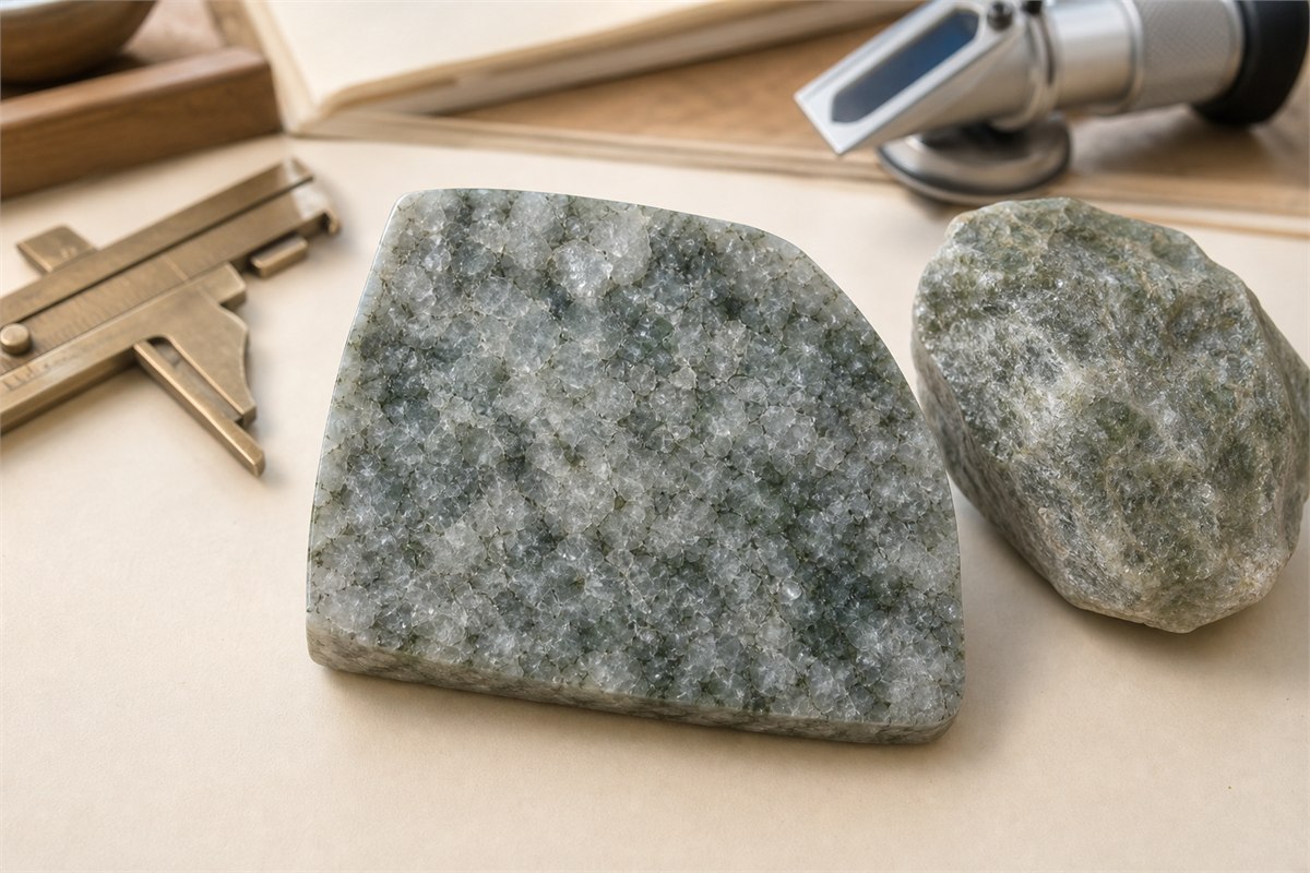Polished gray-green quartzite slab and rough sample showing interlocking grains beside gemology tools