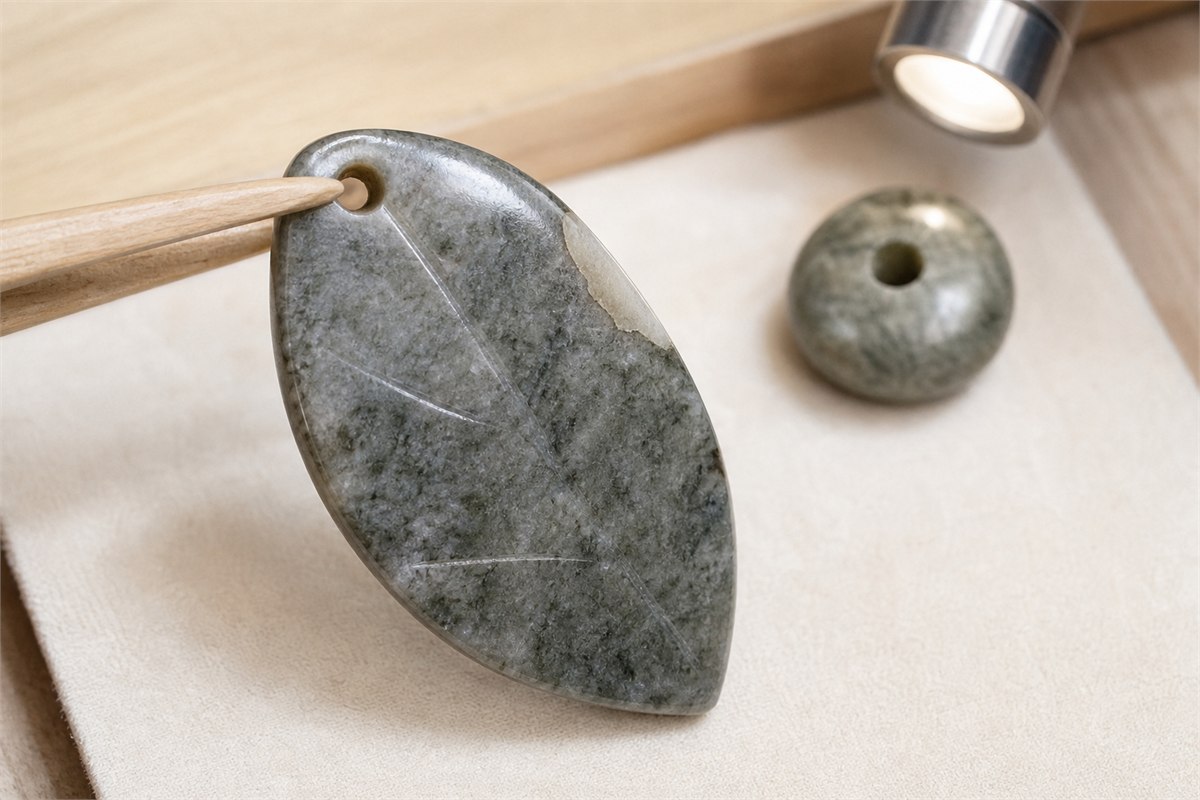 Close inspection of a gray-green quartzite leaf pendant drilled hole, polished edge, and surface patch