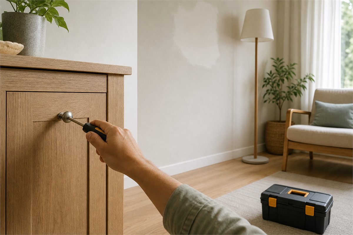 Hand tightening a cabinet fitting in a clear, quiet home corner