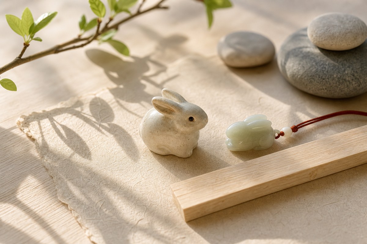 Ceramic rabbit token with jade rabbit charm, pale wood detail, branch shadows, and blank stone markers on handmade paper