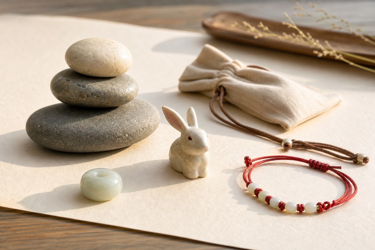 Small ceramic rabbit token beside balanced stones, jade bead, linen pouch, and red cord bracelet on ivory paper