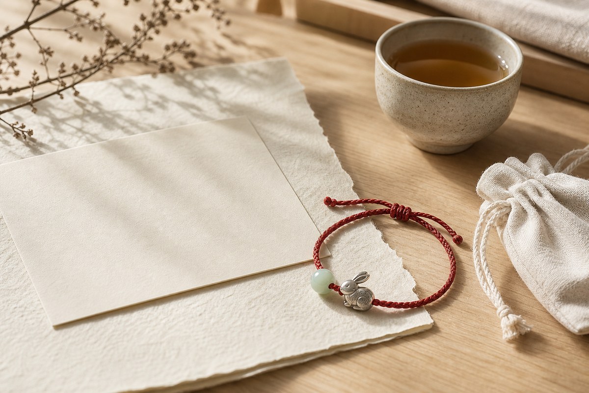 Rabbit charm, red cord bracelet, jade bead, blank note card, linen pouch, and tea cup on a warm wood desk