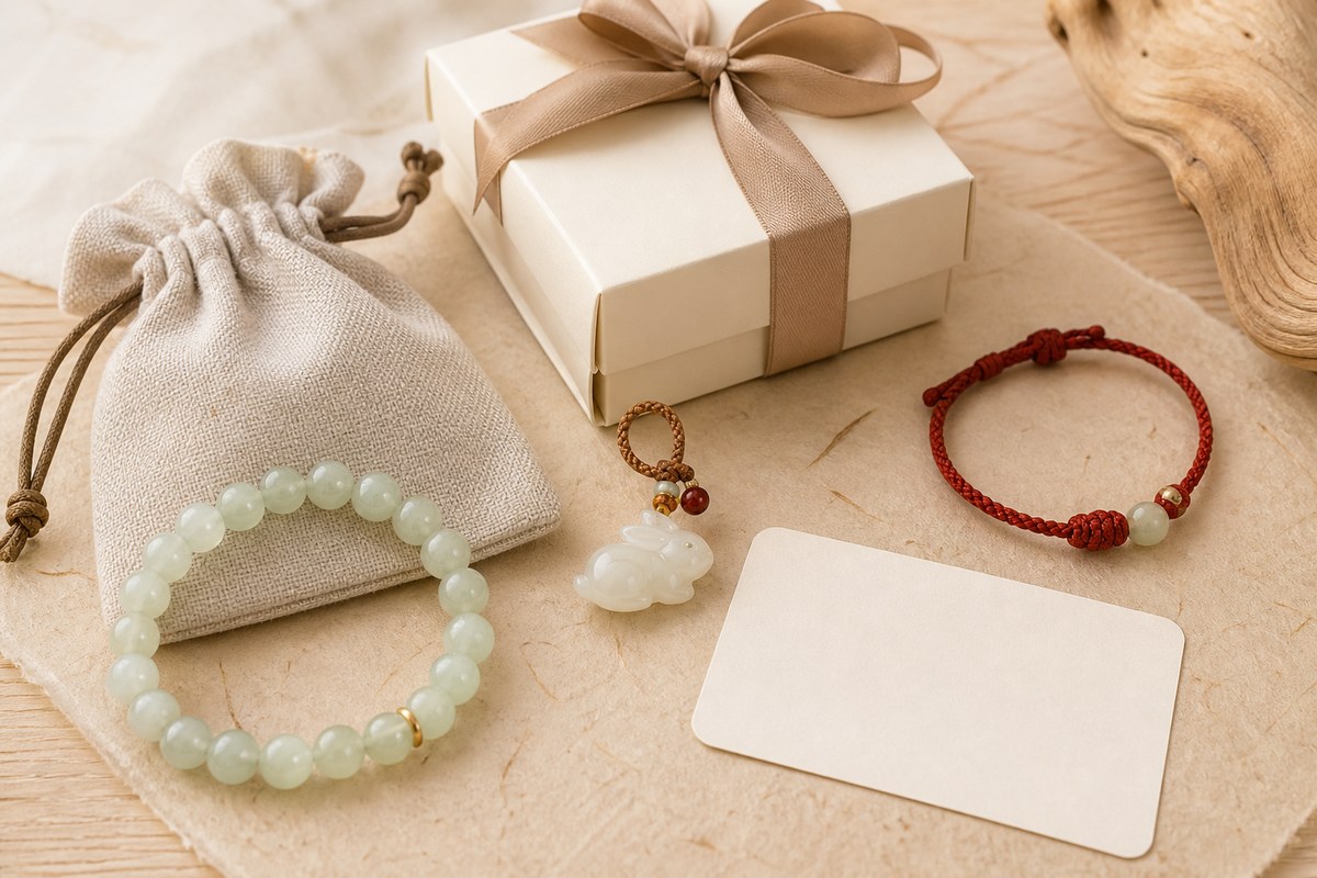 Cream gift box with rabbit zodiac charm, jade bead bracelet, red cord bracelet, wood detail, and blank gift card