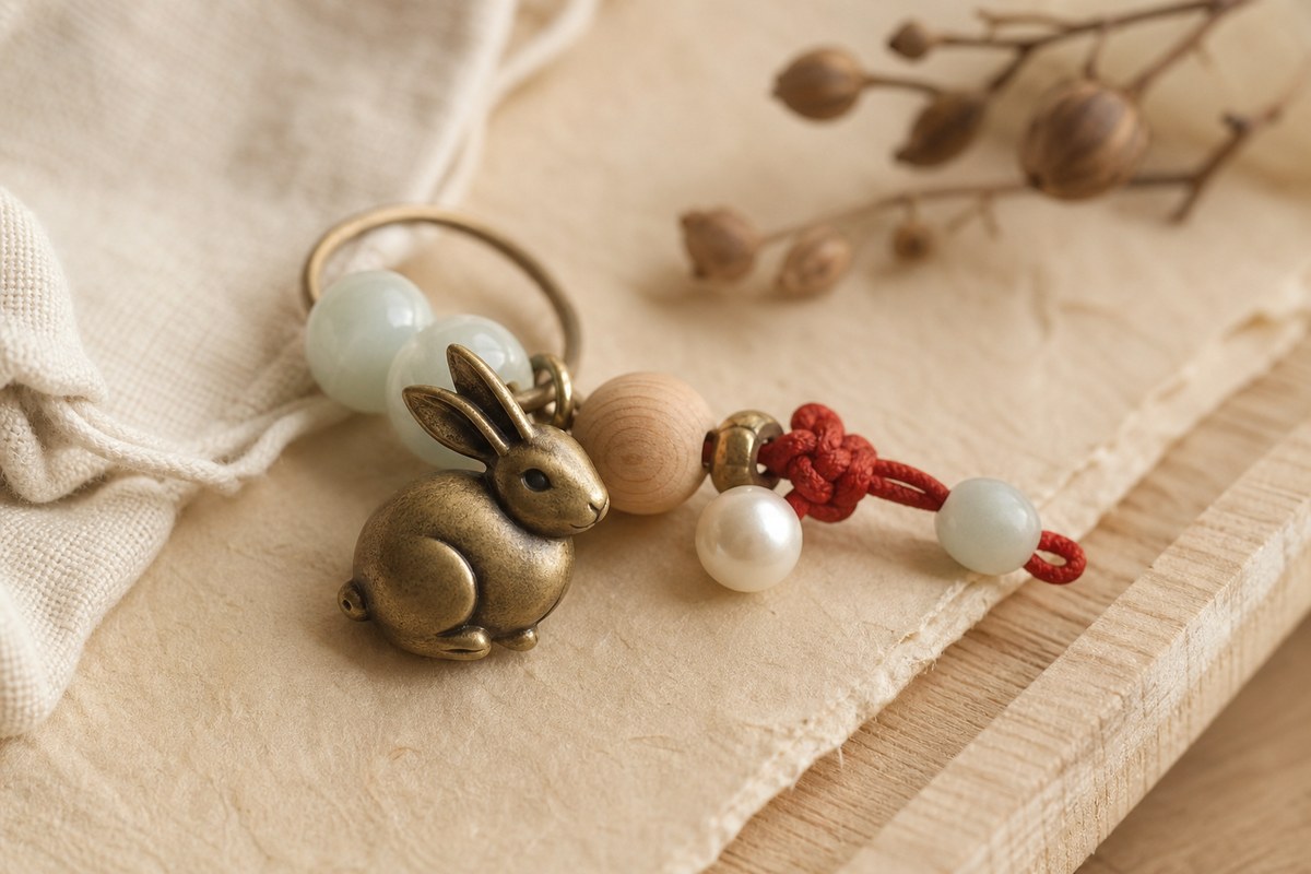 Close view of a rabbit charm, jade beads, pearl-like bead, pale wood bead, red cord knot, and cream linen pouch