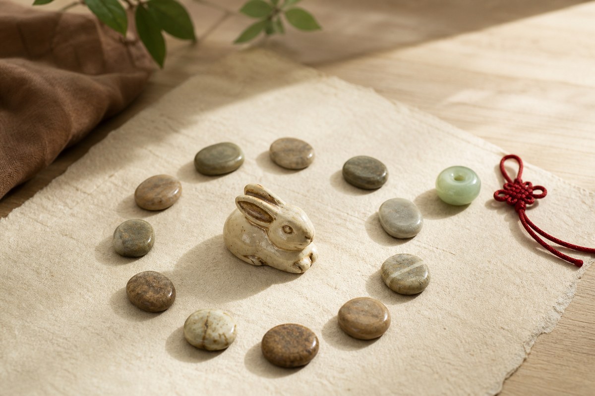 Ceramic rabbit zodiac token with jade bead, red cord knot, and blank stone markers on warm handmade paper
