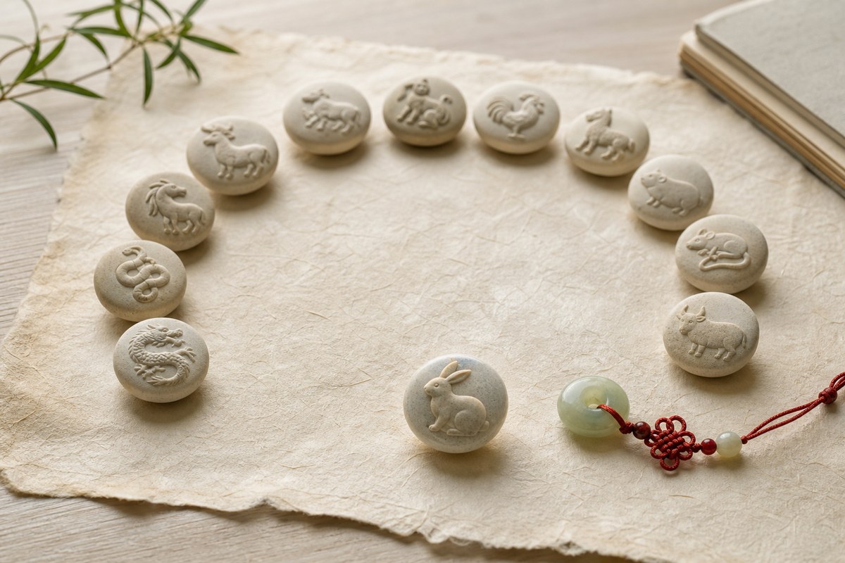 Twelve unmarked ceramic zodiac tokens arranged in a soft arc with a rabbit token emphasized near the front