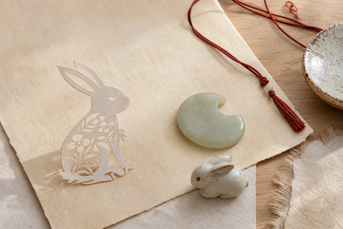 Paper-cut rabbit silhouette with ceramic rabbit token, moon-shaped jade disc, and red cord on warm handmade paper