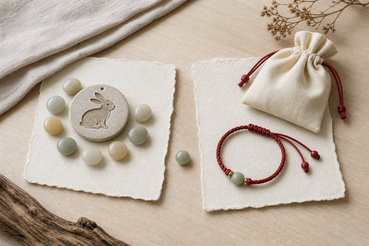 Two blank handmade paper cards separating a rabbit zodiac token from a red cord bracelet and cream pouch
