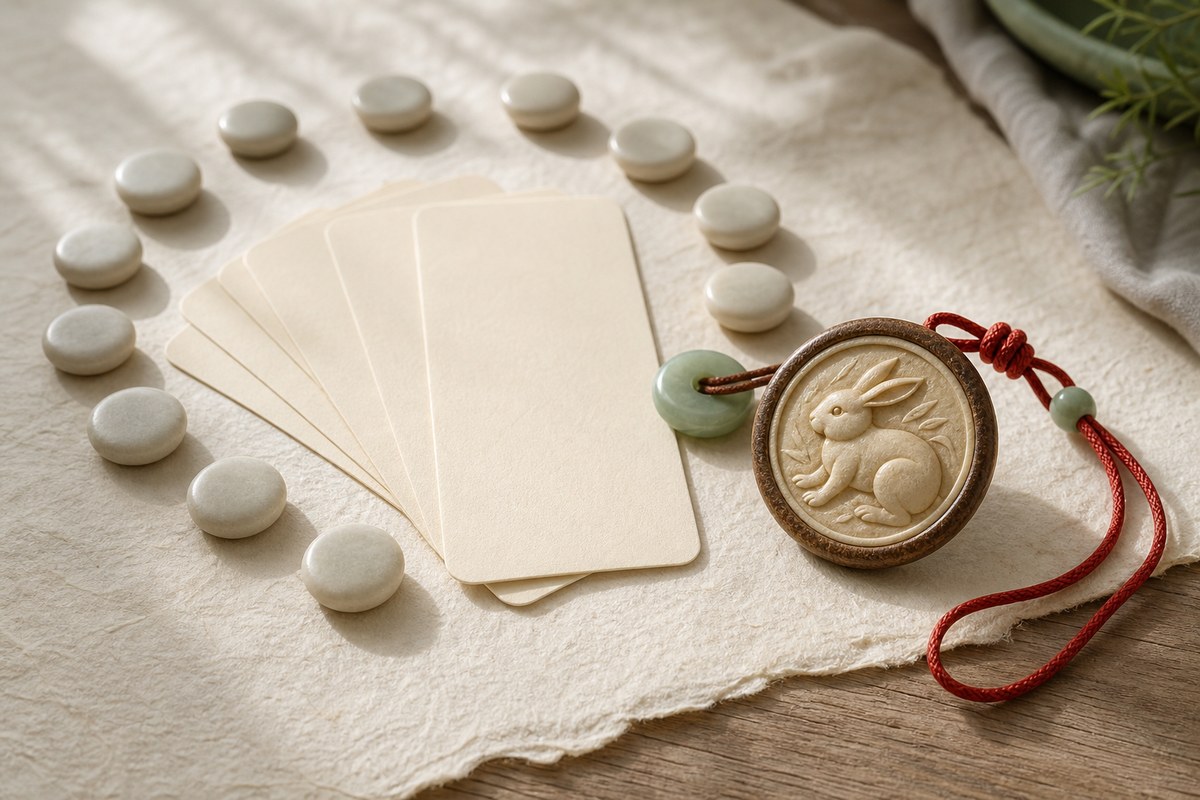 Blank calendar cards with a rabbit zodiac token, jade bead, red cord, and unmarked stone markers