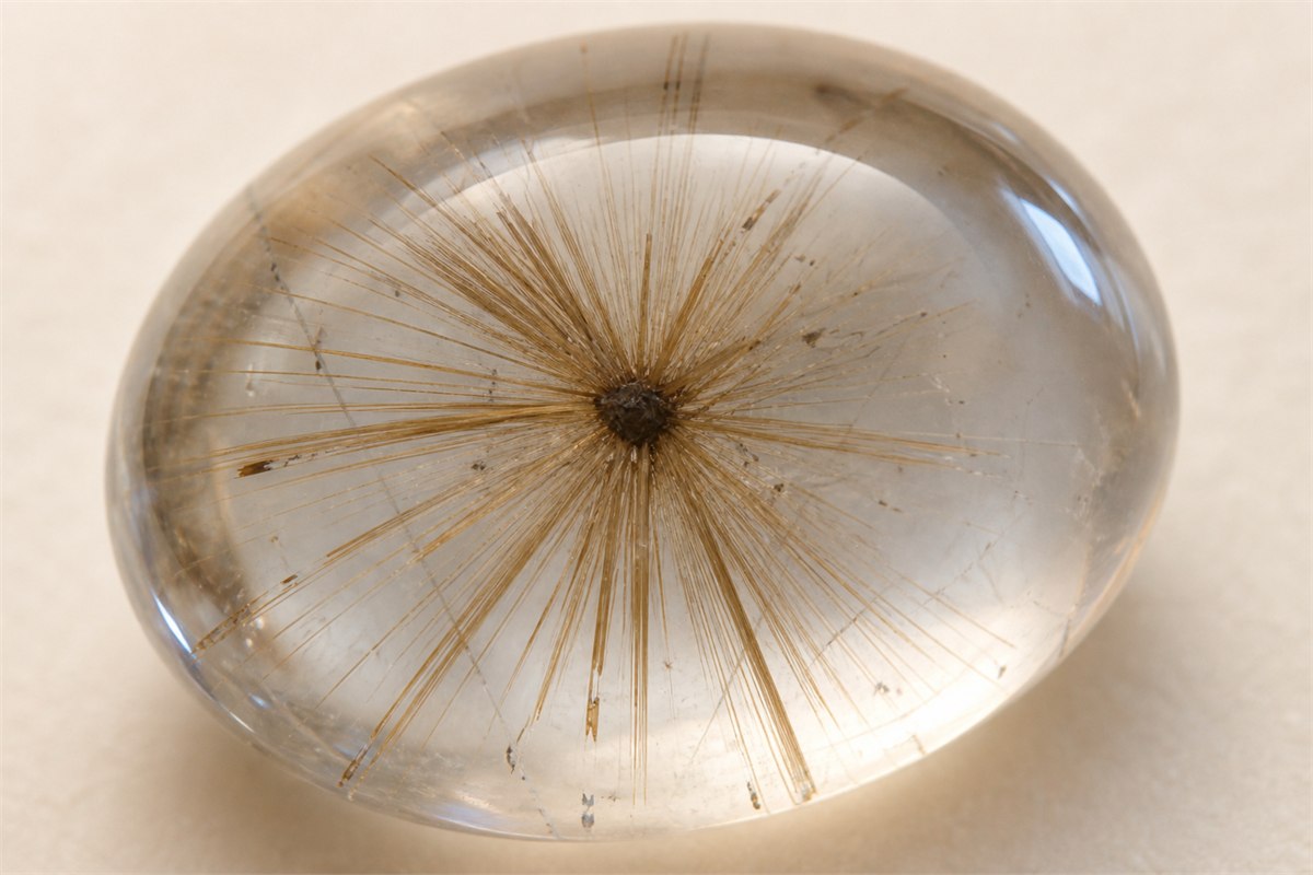 Radial golden rutile needles spreading from a dark internal core inside a transparent quartz cabochon
