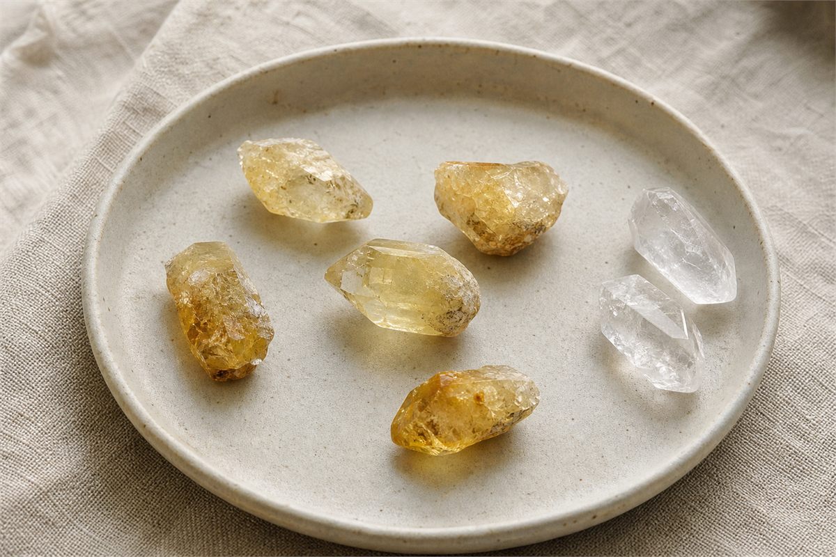 Small varied pale yellow citrine rough samples arranged with two colorless quartz pieces on a ceramic tray