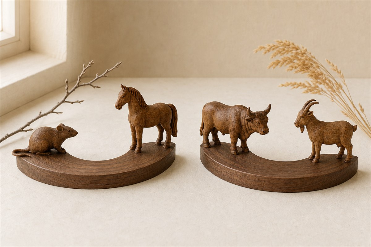 Carved rat and horse figures beside a separate ox and goat pair on a circular branch model