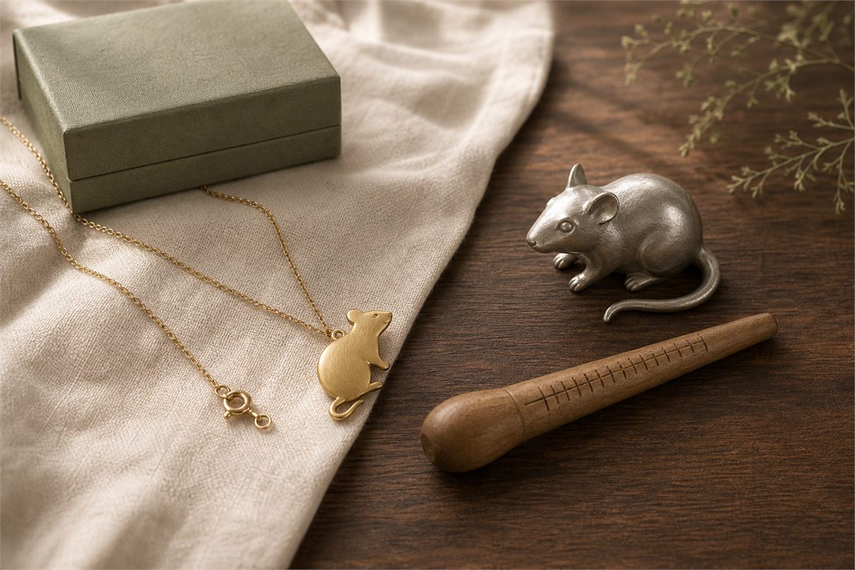 Rat pendant with visible chain clasp beside a smooth metal Rat desk object and wooden sizing gauge