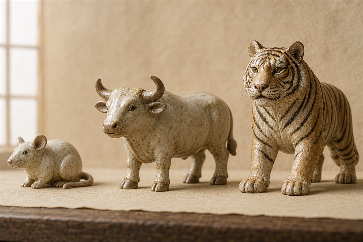 Ceramic Rat, Ox, and Tiger figures arranged from left to right