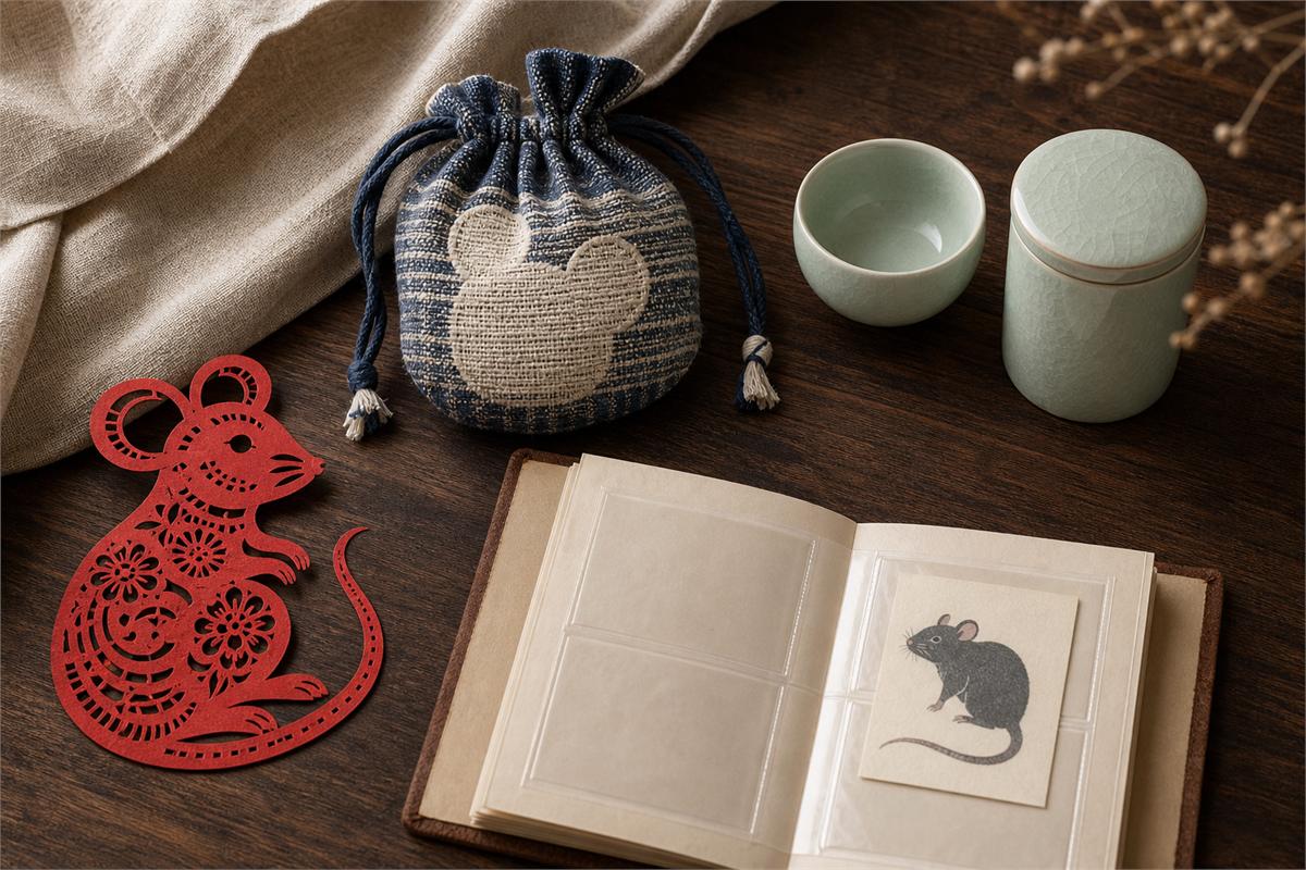 Red Rat paper cut, woven pouch, celadon tea ware, and archival album with a generic Rat illustration