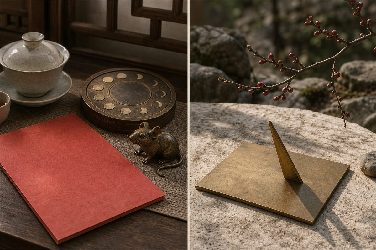 Split scene with a Rat figure and lunar calendar objects on one side and a spring solar gnomon on the other