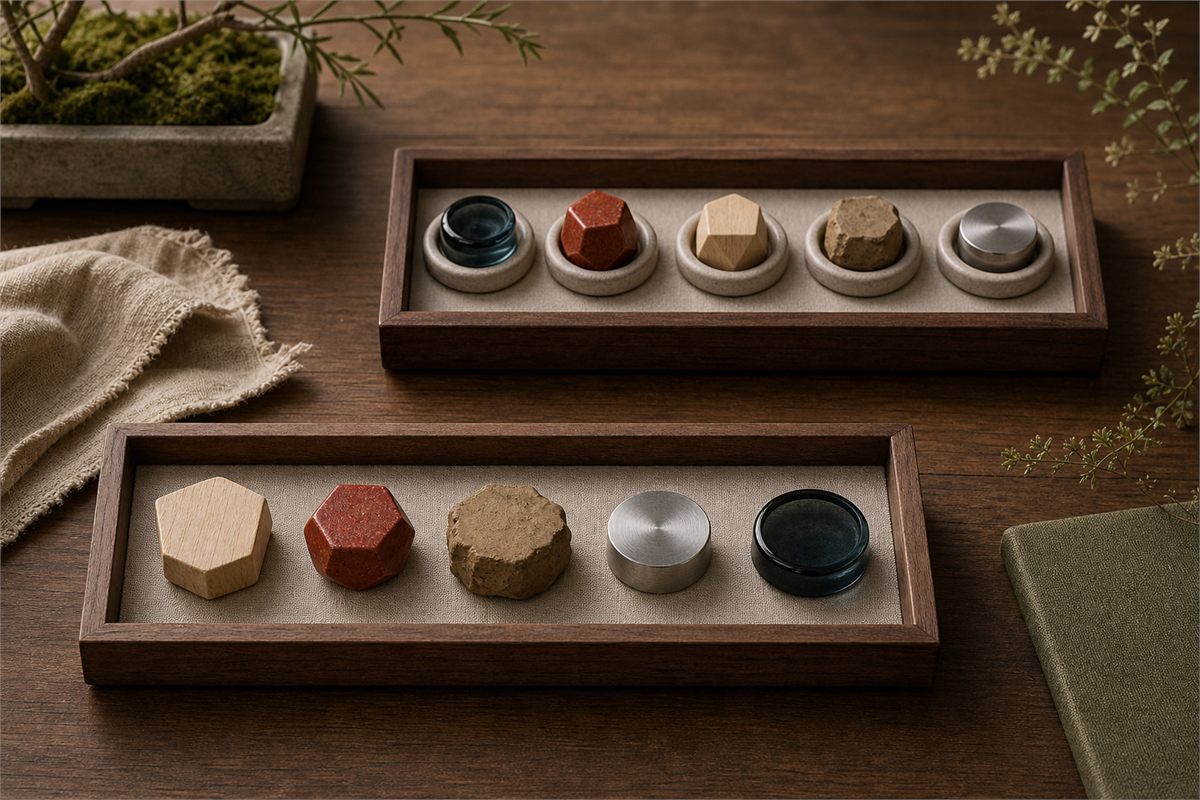 Two separate wooden trays holding the same five material families in different orders