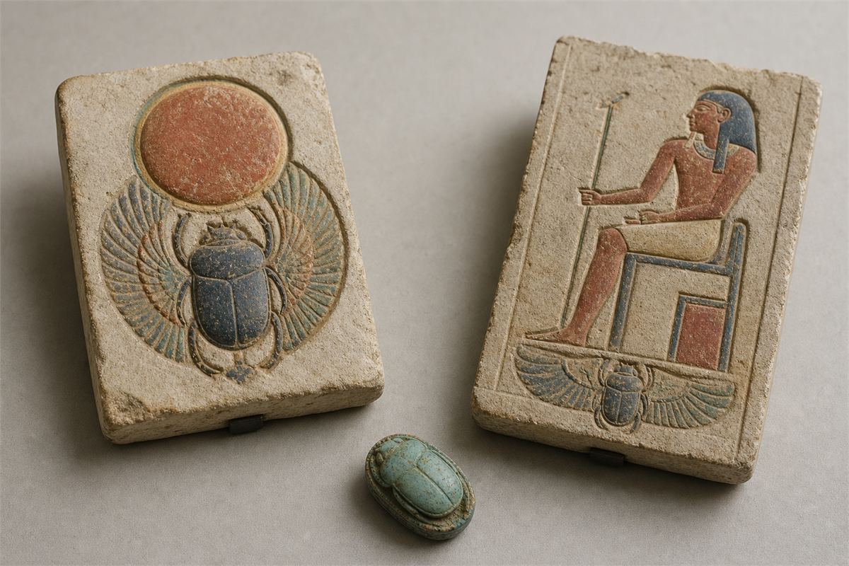 Two painted relief studies combining scarab, solar disk, wings, and a seated human figure with a small faience scarab