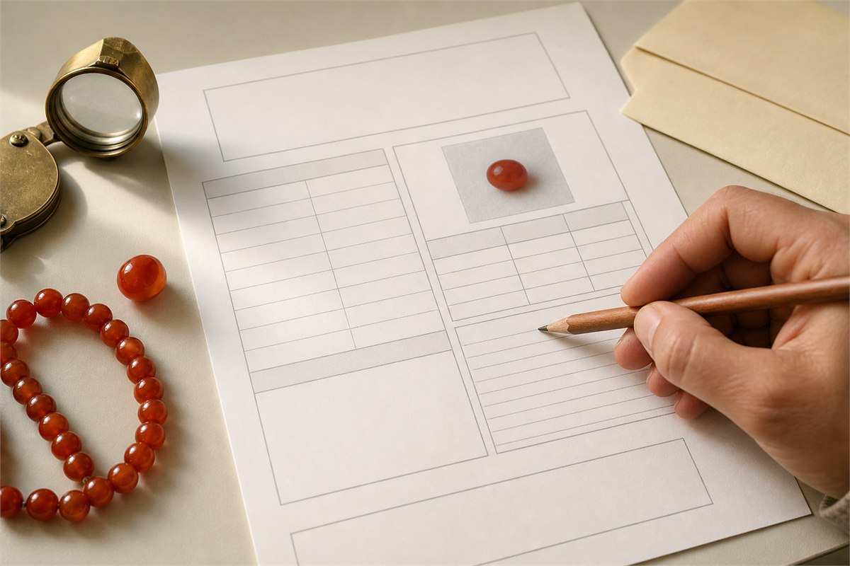Generic gem report form beside carnelian beads, a loupe, pencil, and envelope